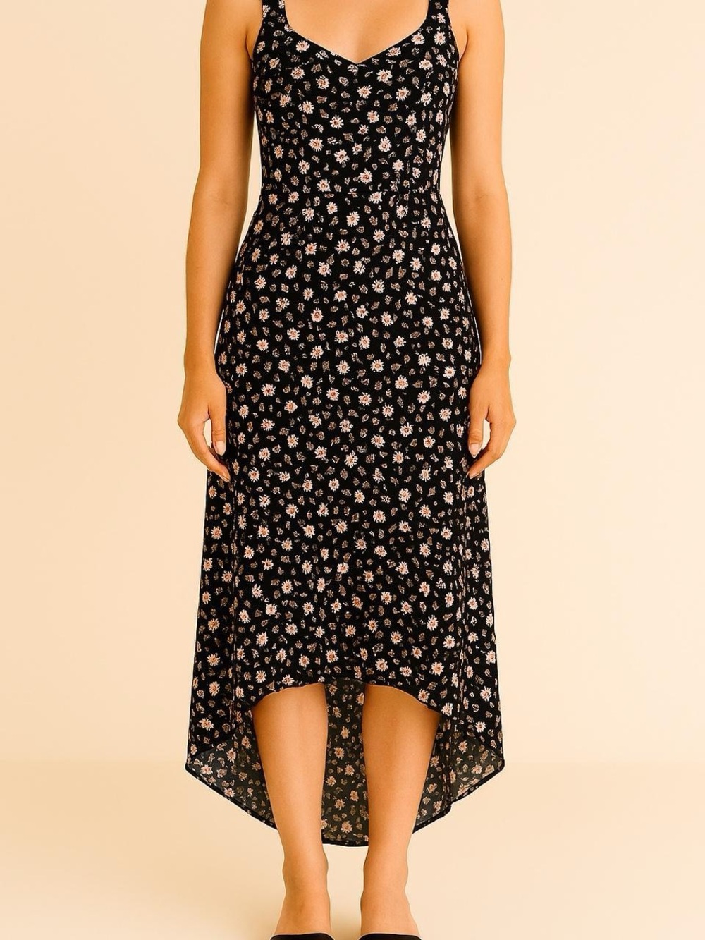 Black Floral High-Low Slip Dress with Pink Accents
